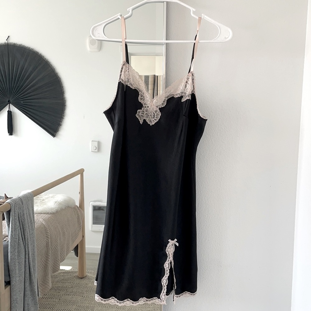 VS black satin blush nude pink lace slip